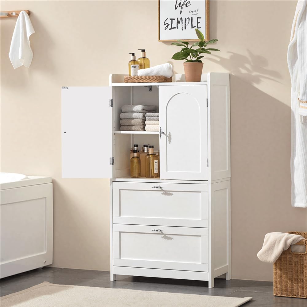 Yaheetech Mobile da Bagno Armadietto Autoportante in Legno Due Ante e Due Cassetti Ripiani Regolabili Mobiletto Bagno Multiuso per Soggiorno Salotto Cucina Sala da Pranzo 60x30x115 cm Bianco