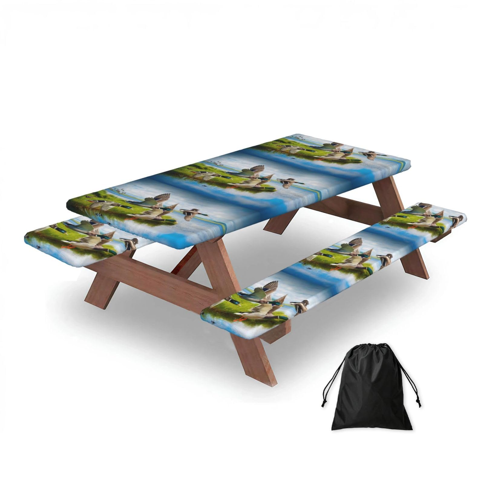 Dopklna As Picture Duck Large Design, Picnic Table Cover With Bench Covers -Waterproof Elastic Fitted Tablecloth For Garden Camping Patio 76X152cm
