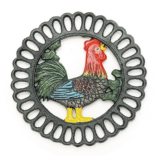 Sungmor Sottopentola in ghisa resistente, sottopentola decorativo per cucina o tavolo da pranzo, 19,1 x 19,1 cm, rotondo con motivo vintage con bel gallo