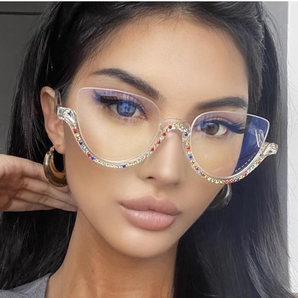 Medio Marco Ojo De Gato Gafas De Lectura Para Mujeres，Elegantes Diamante Anteojos De Lectura，+1.5 Grande Ayuda Visual Rhinestones