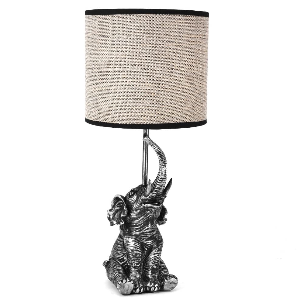 Britalia Antique Silver Sitting Elephant Sculpture Vintage Table Lamp with Linen Drum Lampshade | 47cm Height | ES E27 Lamp Bulb Required | UK Approved