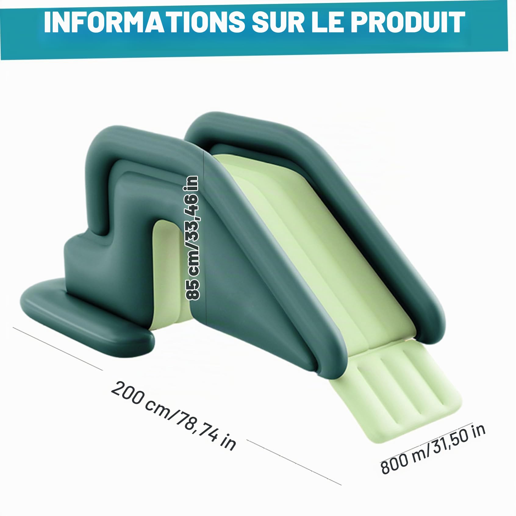 Toboggan de Piscine Gonflable en PVC, 78.7x31.5x33.5 Pouces, avec Pompe à Air, pour Jardin intérieur et extérieur, Vert