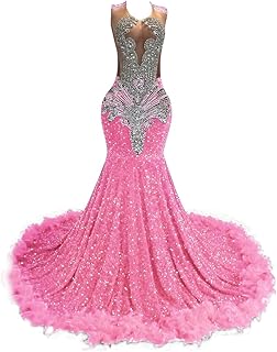 Luxury Crystal Applique Sequined Mermaid Prom Dress Celebrity Evening Dress Feather Church Train - Buy now