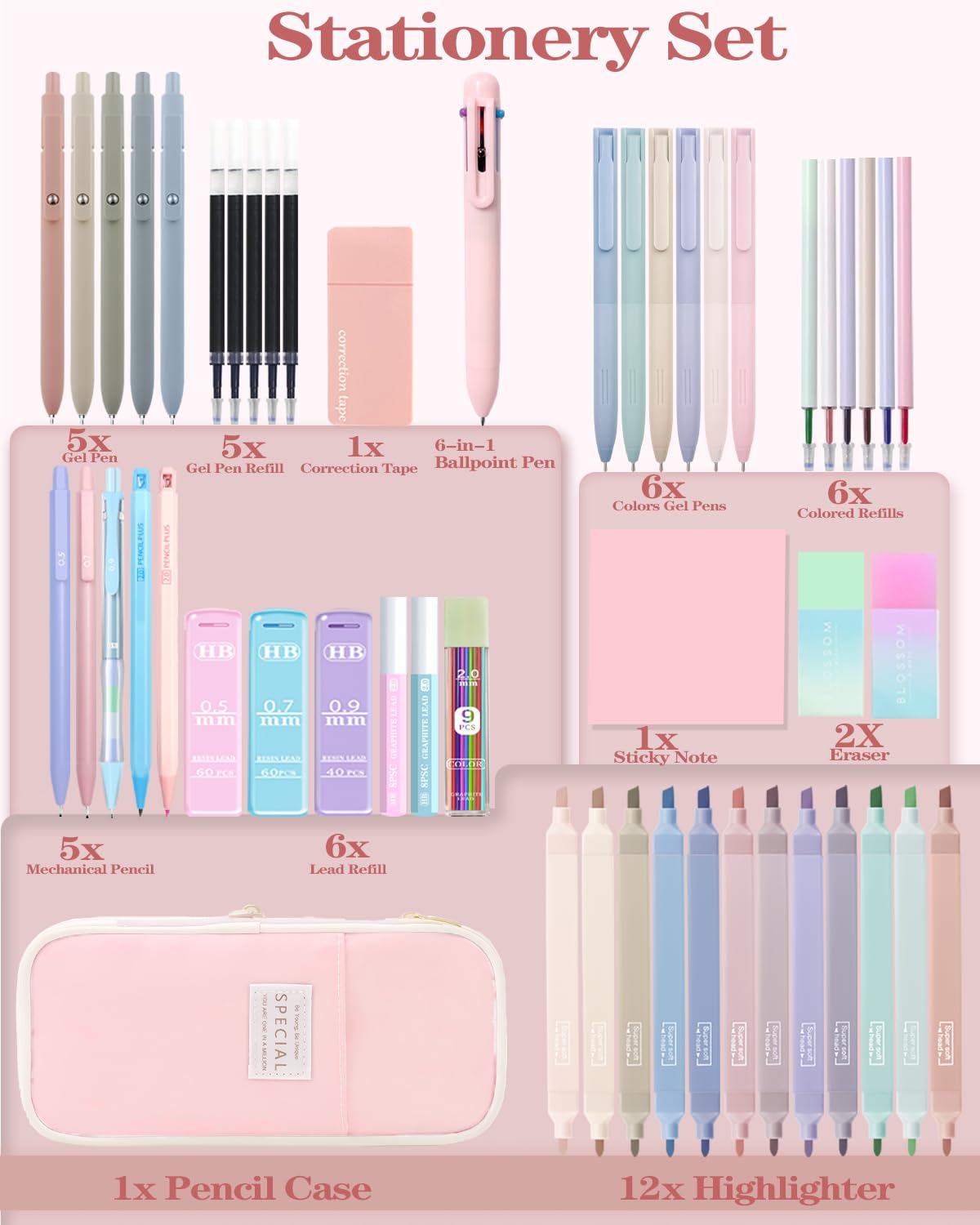 53 artículos escolares estéticos con bonito estuche, 12 resaltadores pastel, 5 bolígrafos negros y 6 bolígrafos de gel de tinta de color, bolígrafos, 4 lápices mecánicos de 0.5 a 2.0 mm, para juego de
