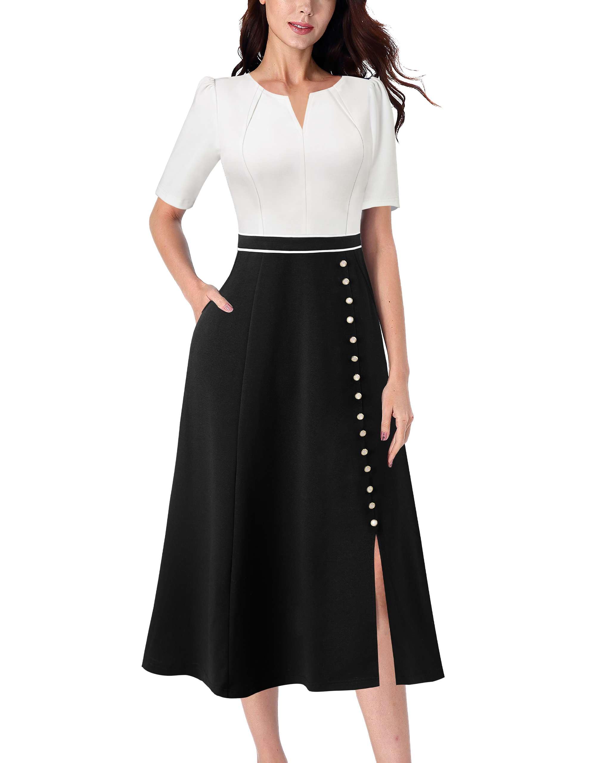 VFSHOW Women Pleated Notch V Neck Pockets Buttons Work Office Business A-Line Midi Dress