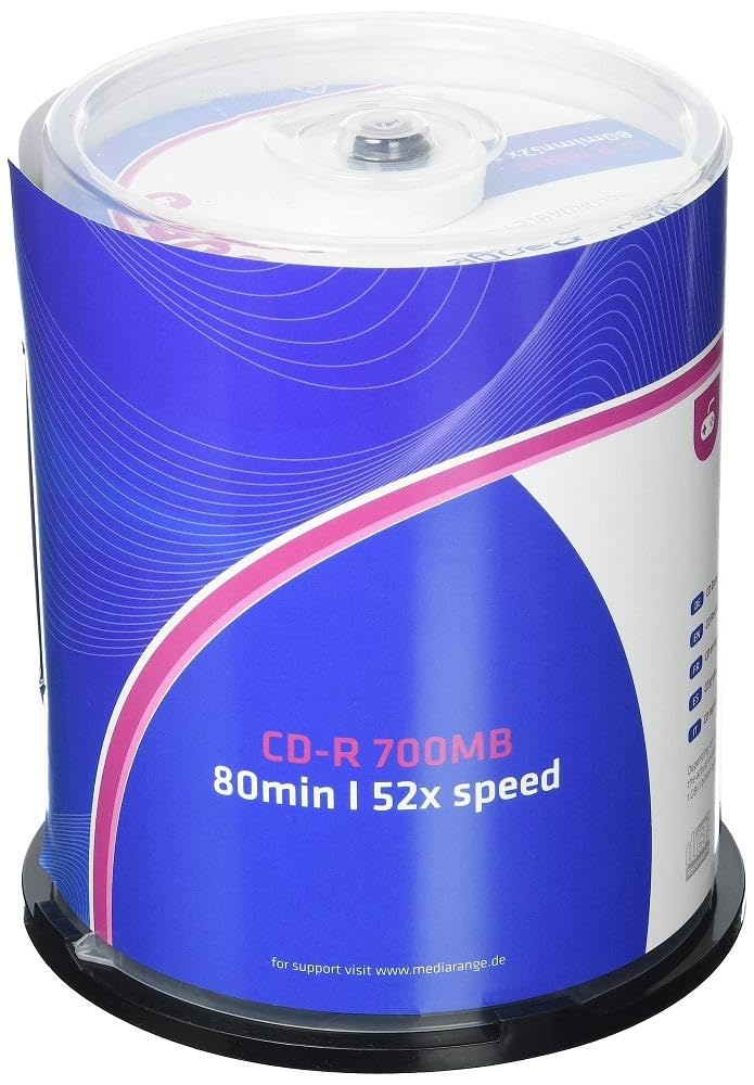 Media Range Cake Box Caja de Discos CDR80 de 700 MB 52X, Blanco y Azul