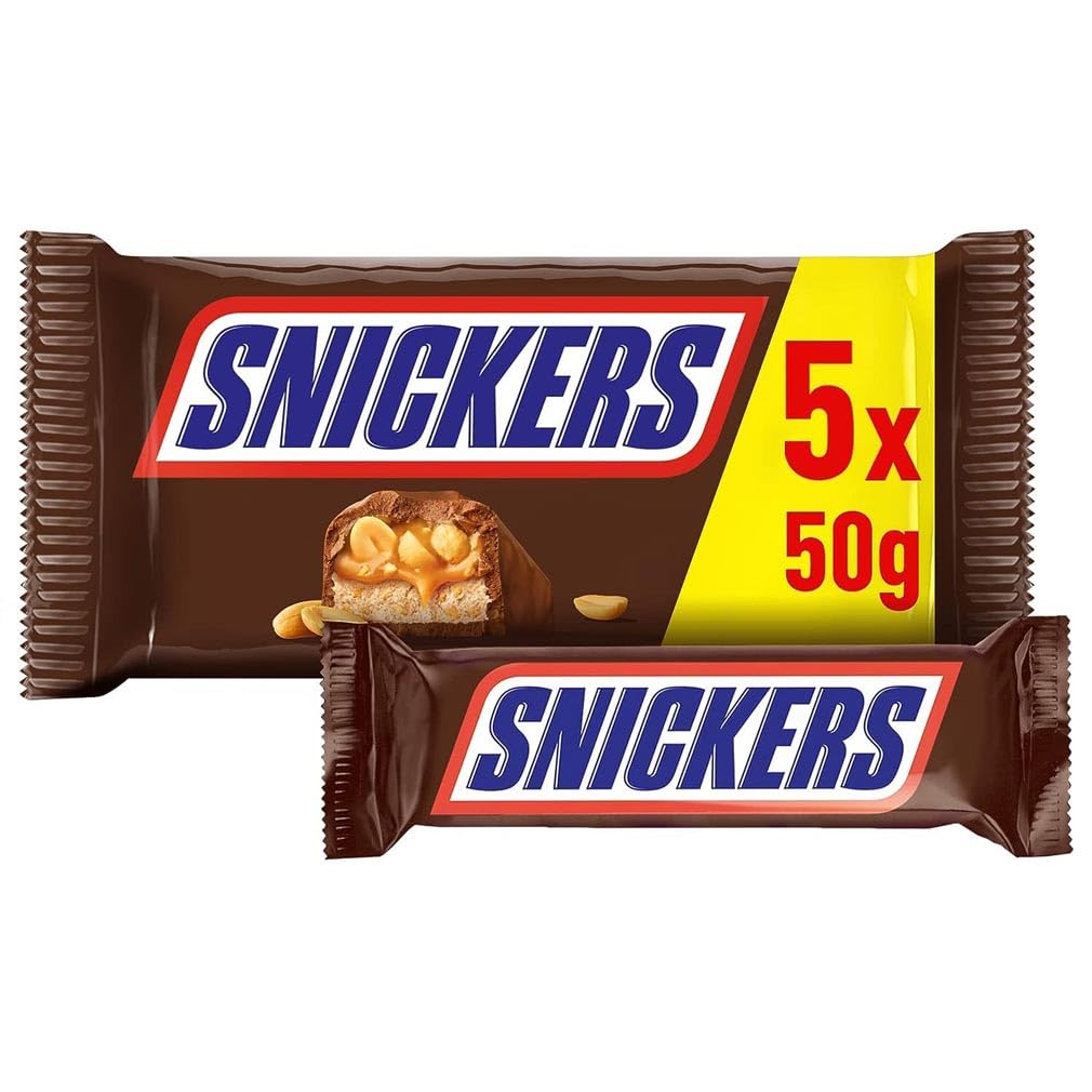 Snickers Schokoriegel, Erdnüsse, Karamell, Eine Packung á 5 Riegel | Fußball Snack | (1 x 5 x 50 g)