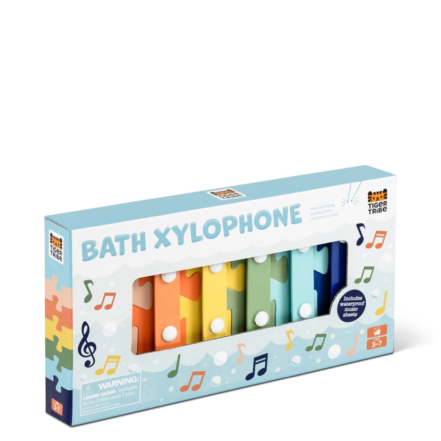 Tiger Tribe Xilófono de baño - Juguetes musicales para la hora del baño, 6 llaves de espuma entrelazadas, 2 hojas de música impermeables, juguetes acuáticos, regalos para niños pequeños, a partir de 2