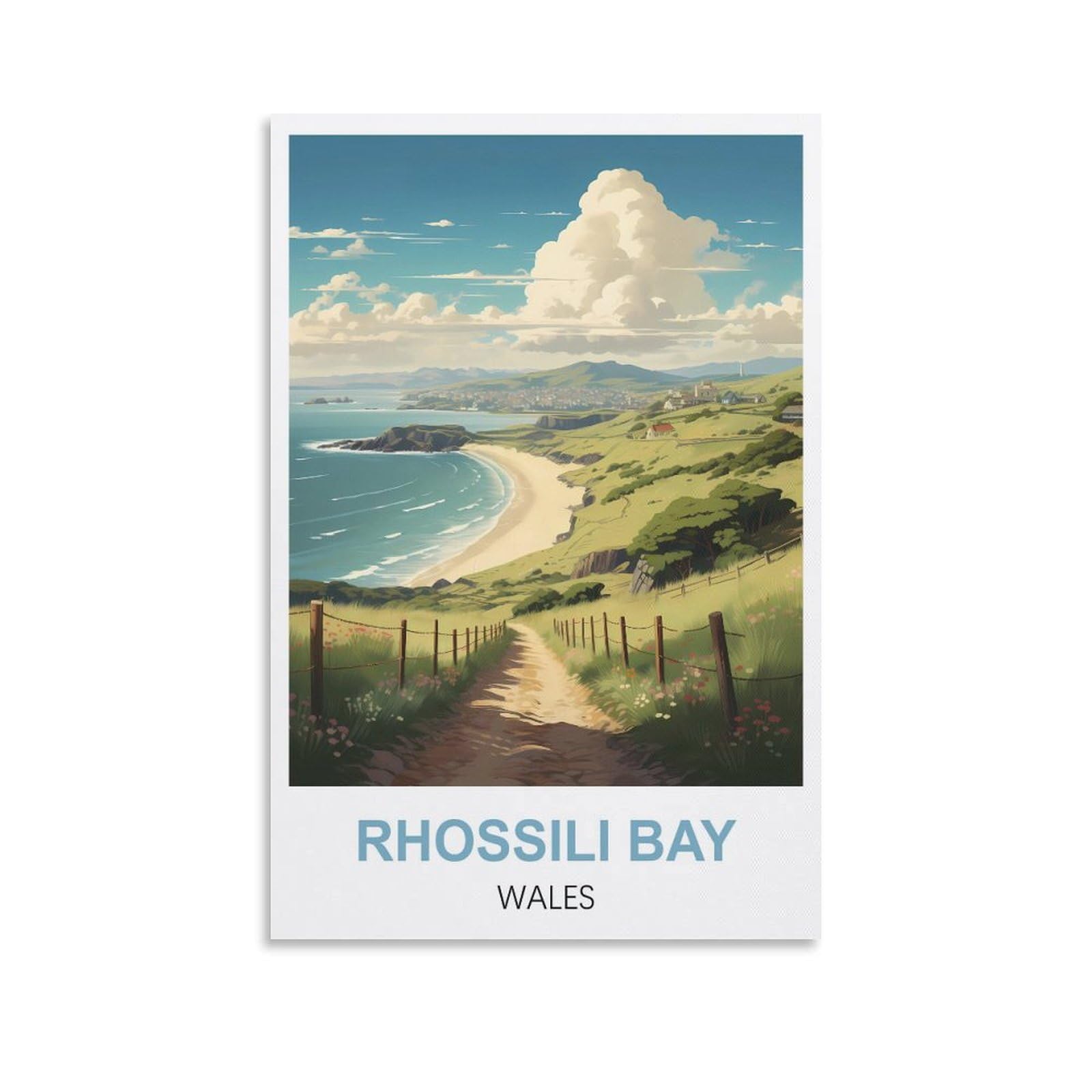 Whcheeh Unframe-Style Rhossili Bay Wales Vintage Travel Posters 12X18inch(30X45cm) Canvas Art Print Wall Art Decor Picture