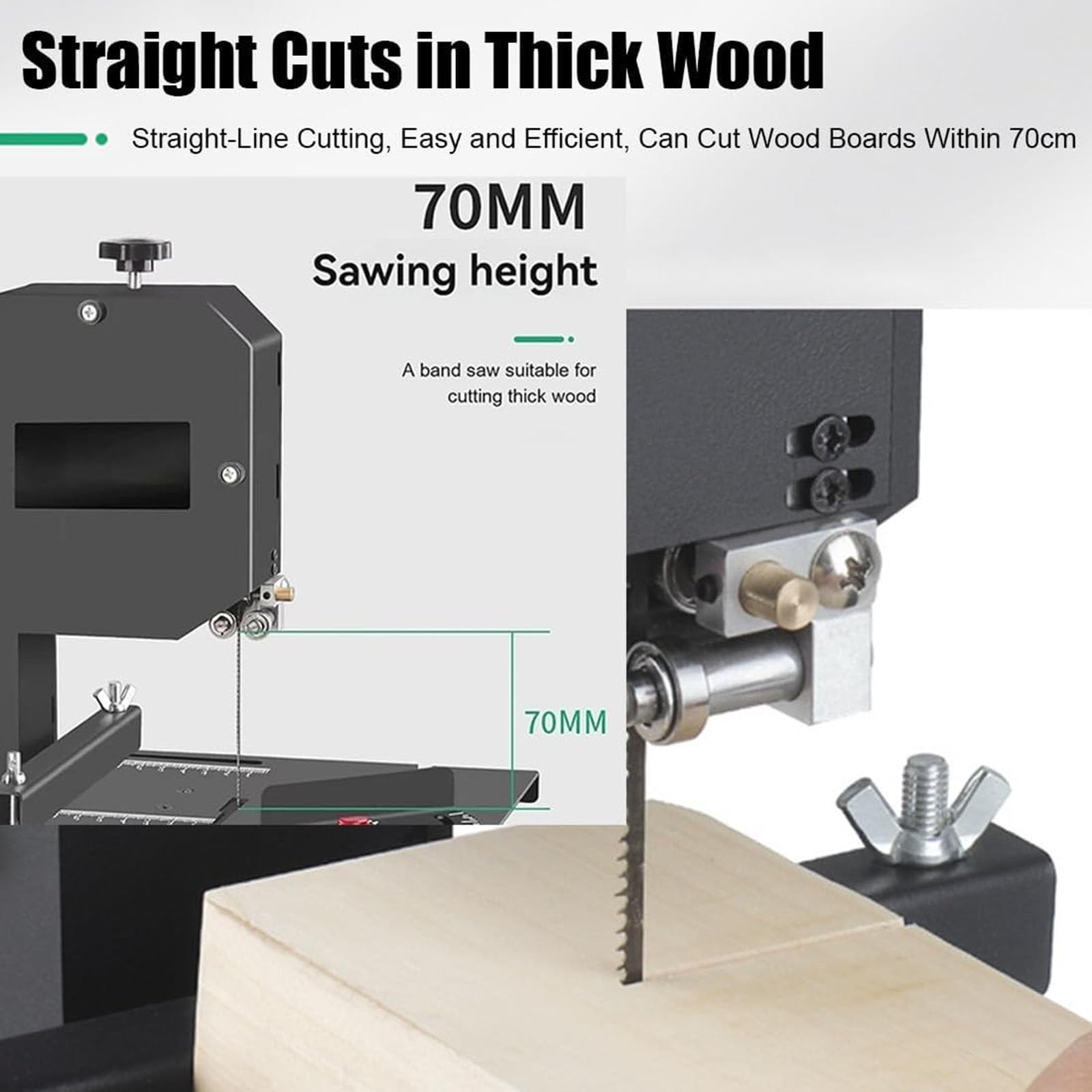 Taśmowa piła stołowa do obróbki drewna o mocy 800W z odchylanym do 45° metalowym stołem roboczym, wysokością cięcia 70 mm i przewężeniem 90 mm, cięciem krzywoliniowym i prostym, piły taśmowe