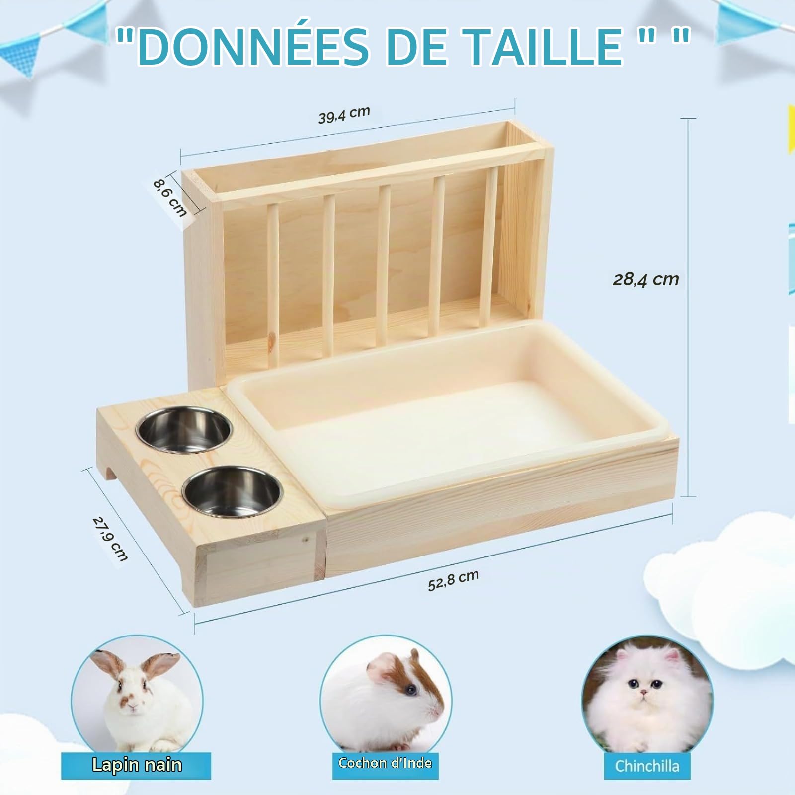 Litière 4 en 1 pour Petit Animal De Compagnie, Hamster, Furet，Mangeoire,Ratelier Foin Lapin Mangeoire À Foin en Bois pour Lapin avec Bac À（Pas de Bouteille d'eau）