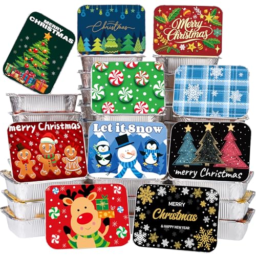 FUNID 40Pcs Christmas Cookie Containers with Lids 10 Styles Christmas Disposable Aluminum Foil Food Containers 5x7x1.7 Cookie Tins Perfect for Gift Giving and Food Storage