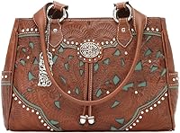 American West Lady Lace Hand-Tooled Leather Multi-Compartment Shoulder Tote - Turquoise Accents, Western Style