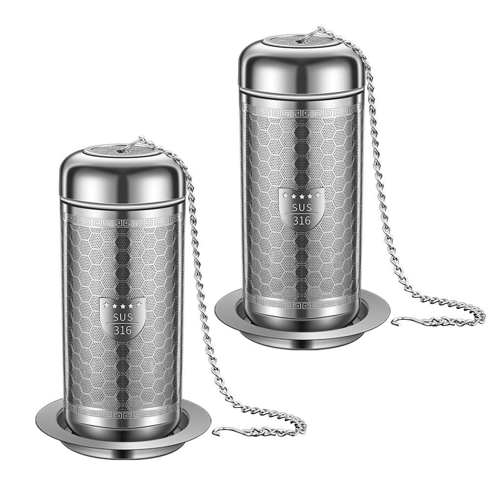 BOMANSI BOMS 2 Pack Tea Infuser with Drip Tray, Extra Fine Mesh Tea Infusers for Loose Tea, 316 Stainless Steel Tea Strainer with Extended Chain Hook, Tea Steeper (2 Pack - Large)