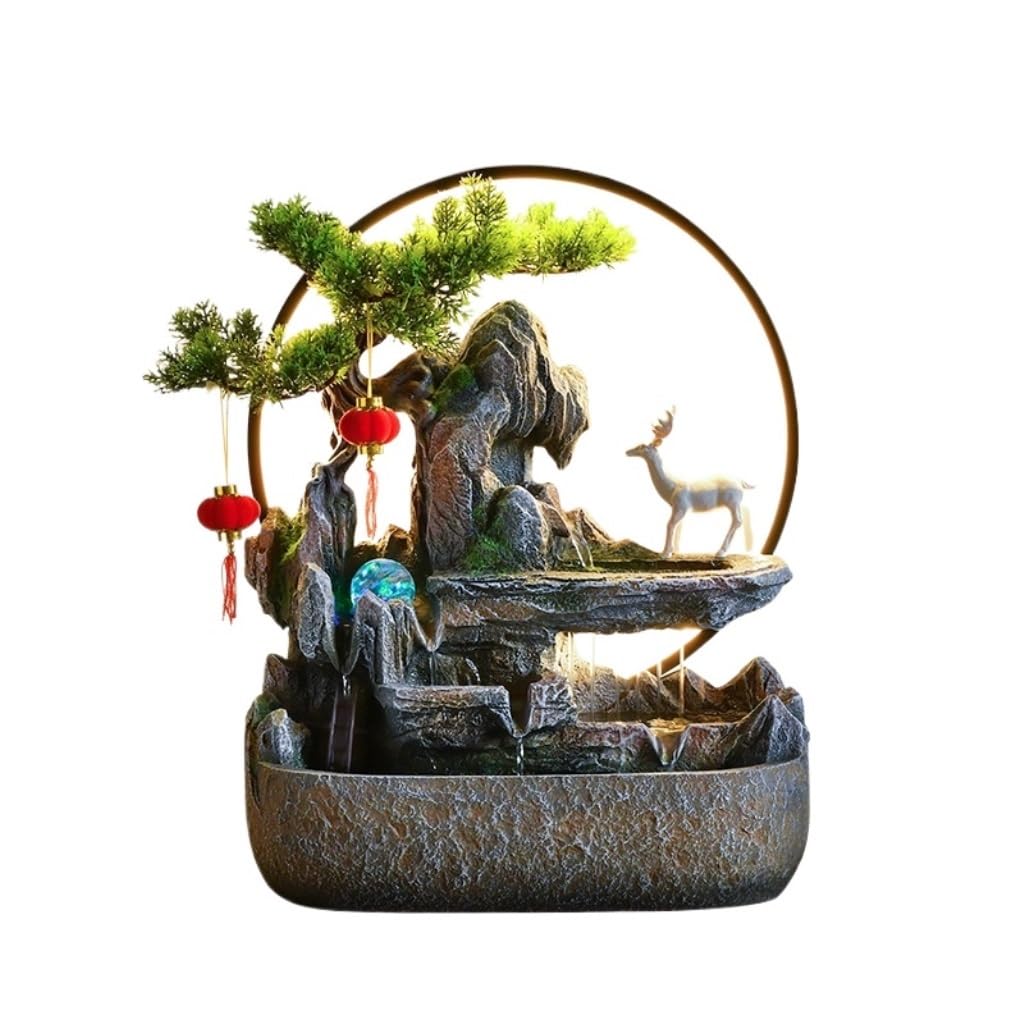 Fontaine D'Intérieur Cascade Avec Éclairage LED - Mini Fontaine Bureau Résine Paysage D'Eau Pour Salon