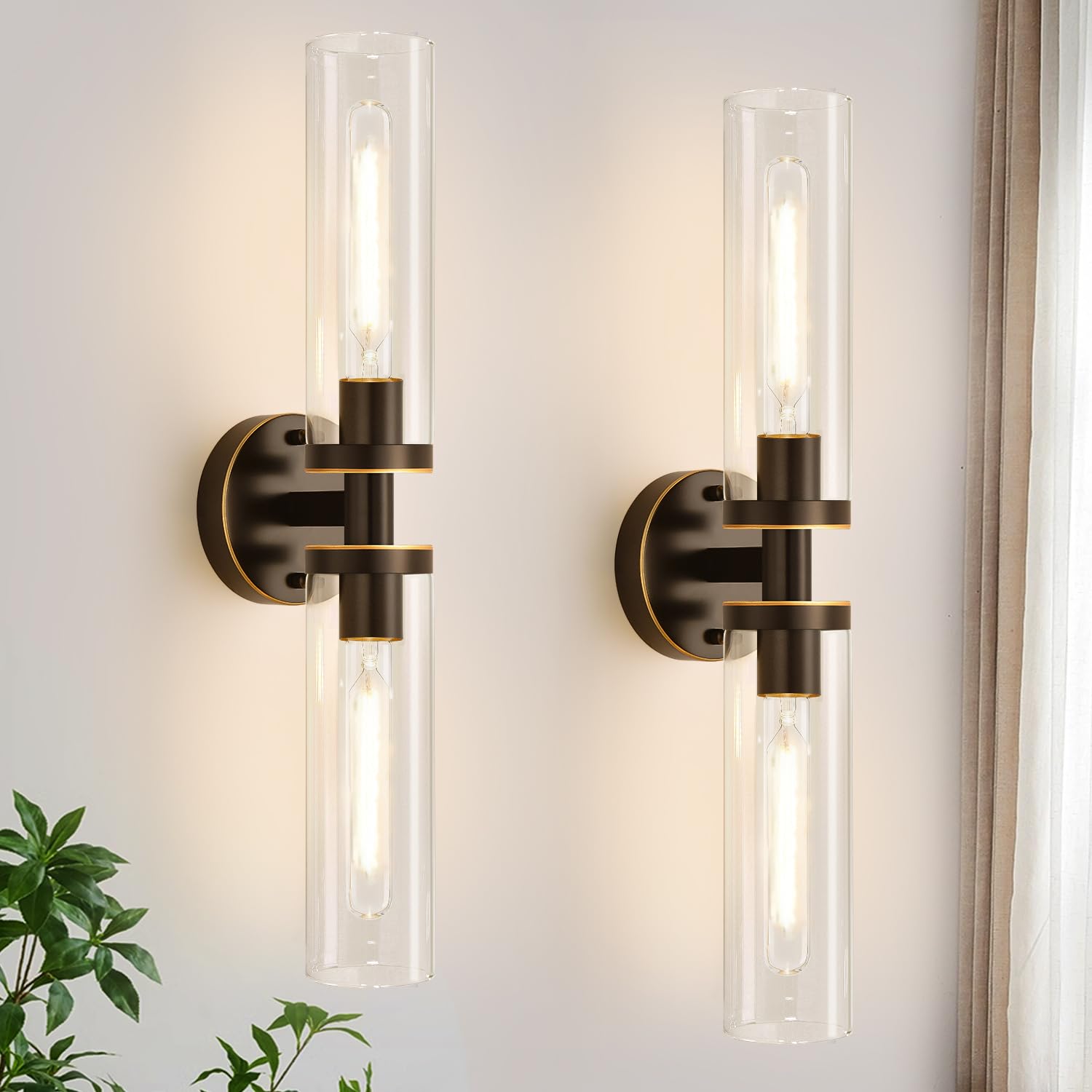 Wall Sconces Set of Two, Hardwired Brown Bathroom Sconces Wall Lighting with Clear Glass, Modern Sconces Wall Decor Set of 2 Wall Light fixtures for Bathroom Mirror Hallway (Bulbs Not Included)