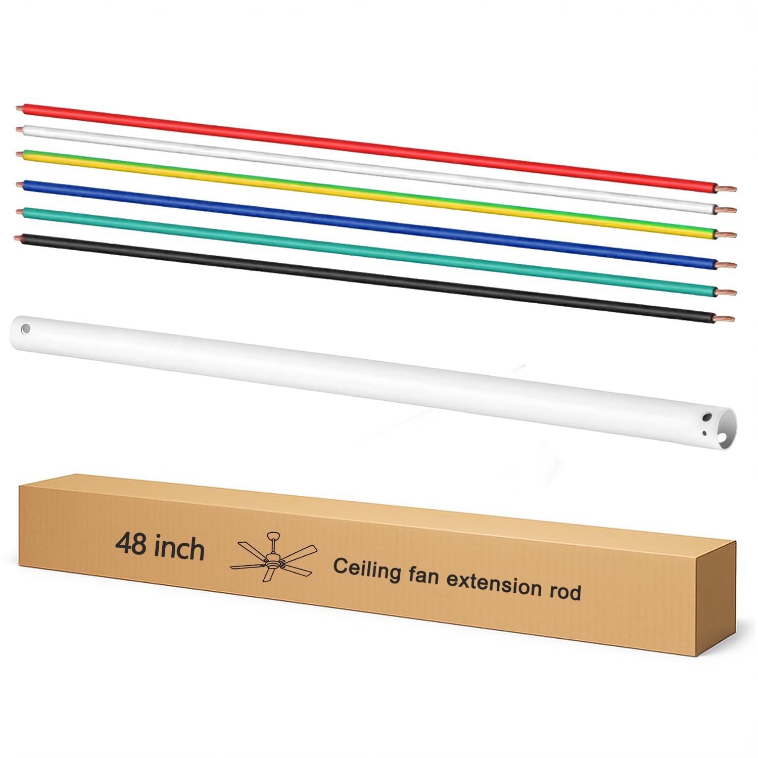 48 Inch Ceiling Fan Downrod with UL Wires,White, 1-Inch Diameter, Unthreaded