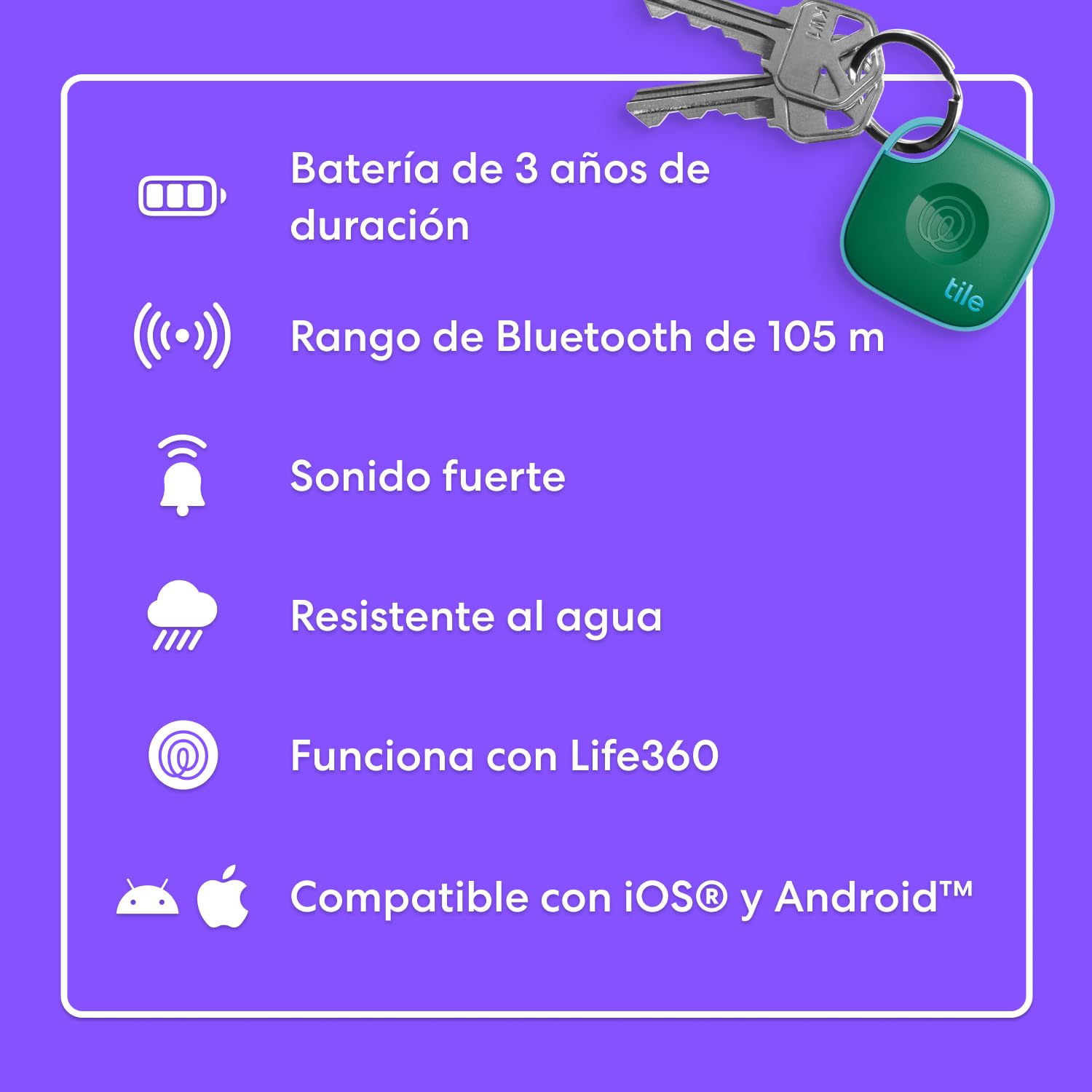 Tile by Life360 Mate - Localizador Bluetooth, localizador de Llaves y localizador de Objetos para Llaves, Bolsos y Mucho más.Compatible con iOS y Android. Paquete de 1 (Green Surf) — view 7