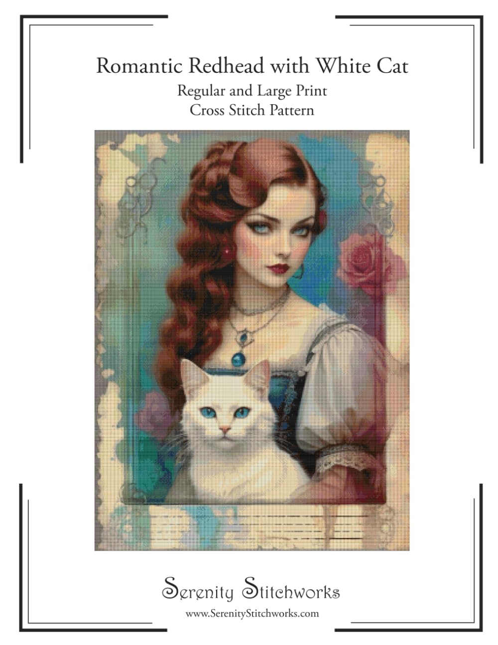 Romantic Redhead with White Cat Cross Stitch Pattern: Regular and Large Print Cross Stitch Pattern
