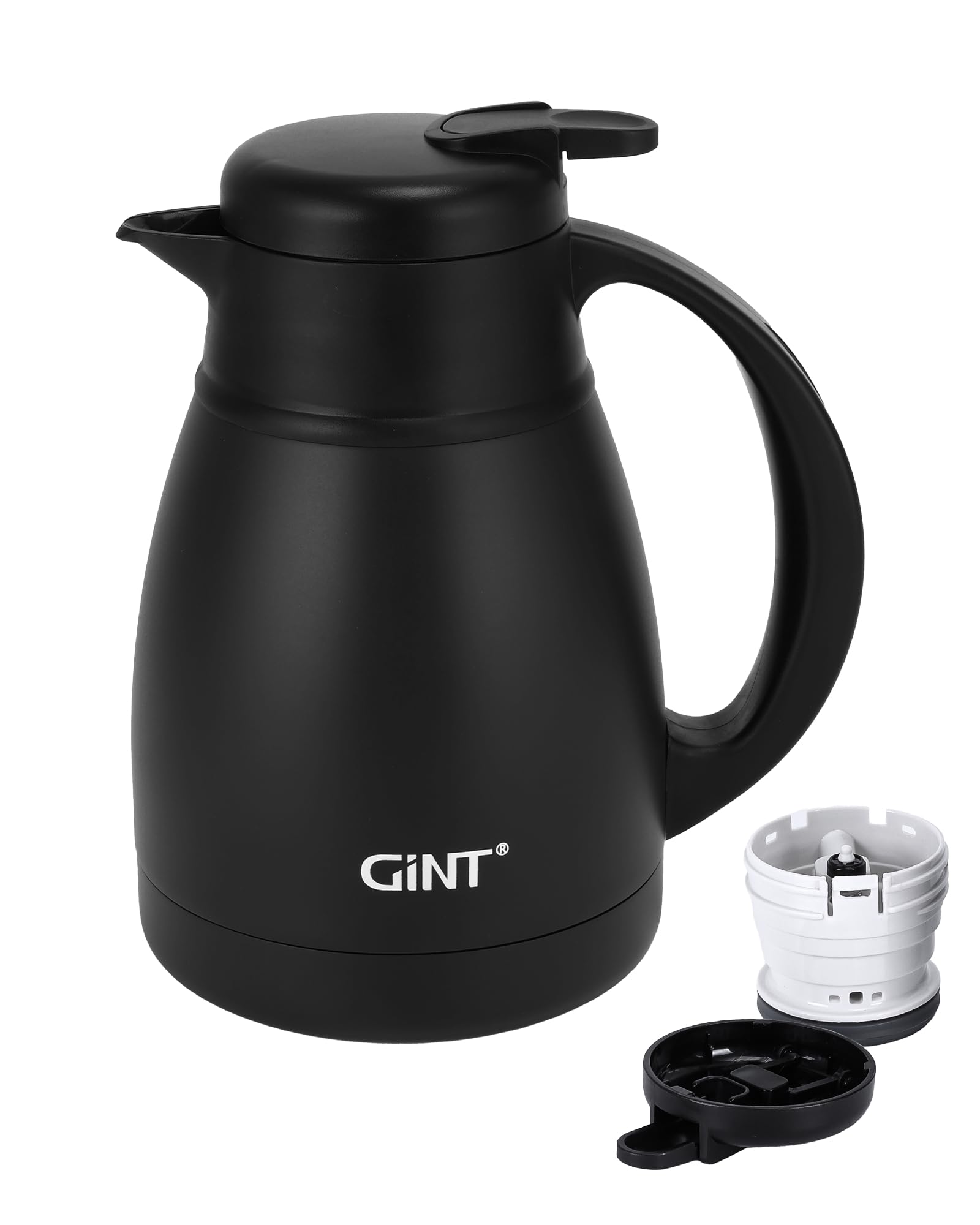 GiNT Insulated Coffee Carafe 34 Oz, Small Stainless Steel Flask for Hot Coffee with Fully Washable Detachable Lid, Portable Thermal Pitcher One-Hand Push Button Tea Dispenser for Travel Camping Office