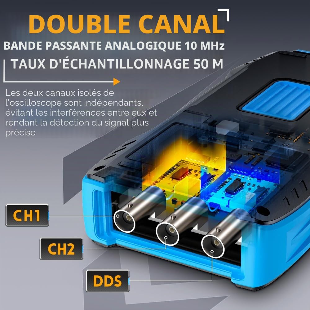 Oscilloscope Multimètre 3 en 1 Oscilloscope USB Oscilloscope 2 canaux 10 MHz Bande passante 50 MSa/s Taux d'échantillonnage 9999 comptes avec sonde Pince crocodile rouge noire Stylo multimètre