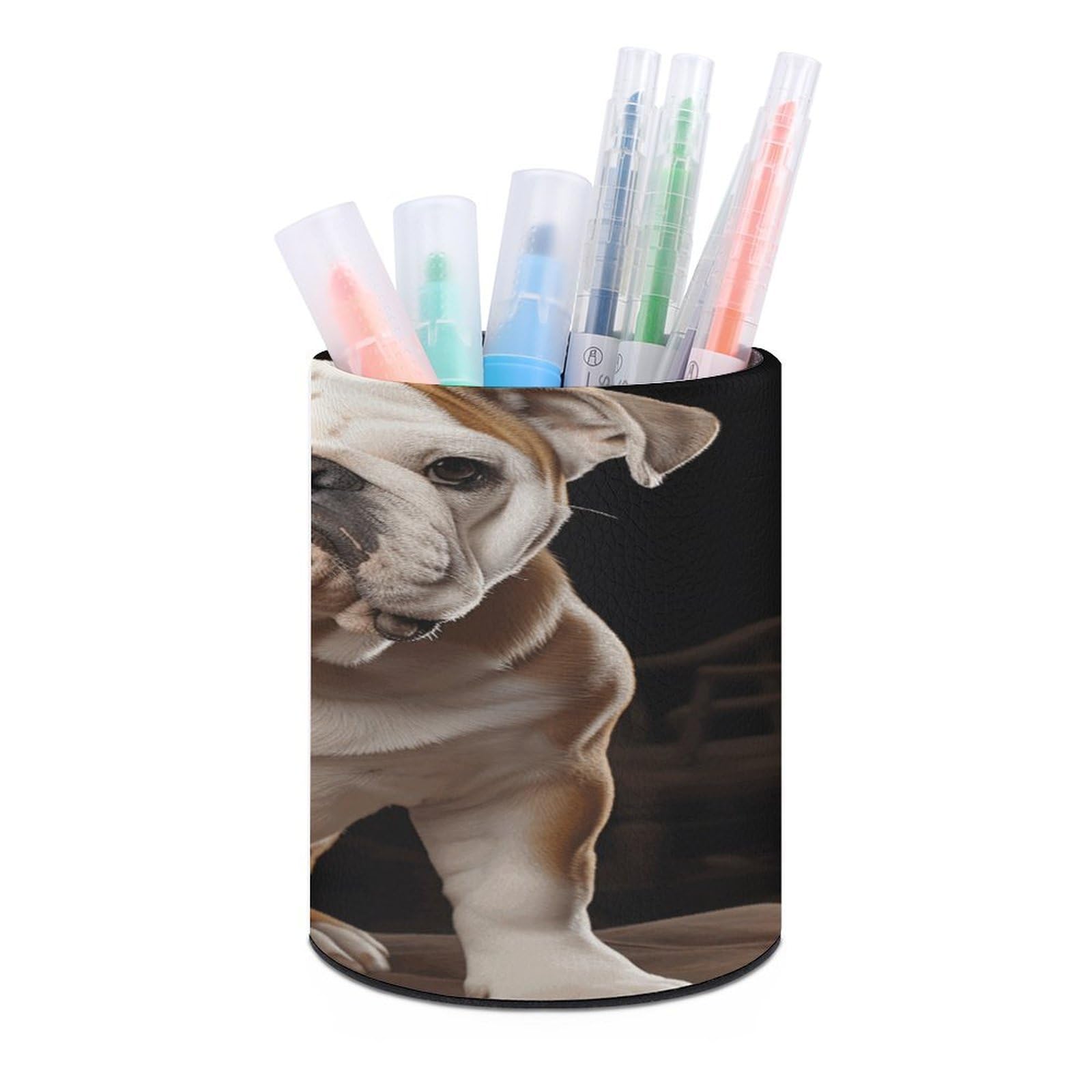 VstaDank English-Bulldog Pen Holder PU Leather Pencil Cup Minimalist Desk Pencil Holder Round Make Up Brush Organizers For Office Dorm Room&Vanity Desk Accessories
