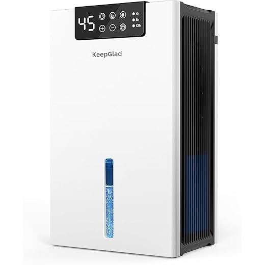 KeepGlad Dehumidifier, 98OZ Dehumidifiers for Home(1000sq.ft), Humidity Display Dehumidifier for Basement Bathroom Bedroom, Auto Shut Off, Washable Filter, Drain Hose, Timer, 7 Ambient Lights, White