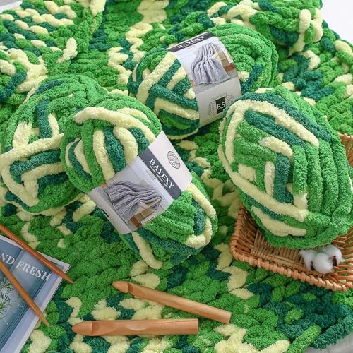 Image of Chunky Chenille Yarn for Hand Knitting 8 Jumbo Pack Jumbo Chunky Yarn for Hand Soft Blanket Knitting, Bulky Thick Fluffy Yarn for Crocheting (Forest Green)