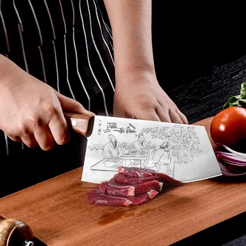 Meat Cleaver,Cleaver Knife 8 Inch Chinese Culture Kitchen Knife Chef's Cooking Cleaver Cutter Meat Vegetables Slicing Cutlery Traditional Chinese Painting Knive
