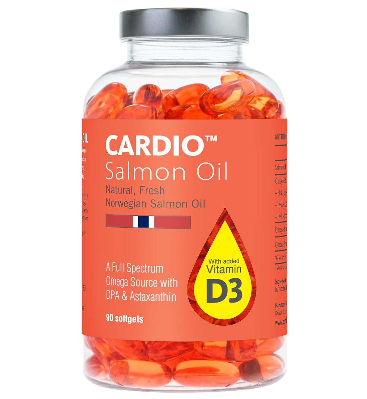 Cardio Omega 3 Fish Oil & Vitamin D3-1000mg, Norwegian Salmon Oil with EPA, DHA, DPA & Astaxanthin, No Fishy Aftertaste, Fatty Acids Supplement - 90 Capsules Salmon Oil + D3 90 Count (Pack of 1)
