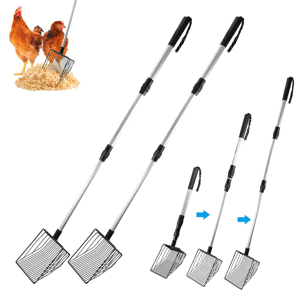 Kalekey 2 Pack Chicken Poop Scooper, Stretchable Litter Scooper for Chicken(22.4 to 42 Inch), Detachable Chicken Coop Cleaning Tools, Heavy Duty Poop