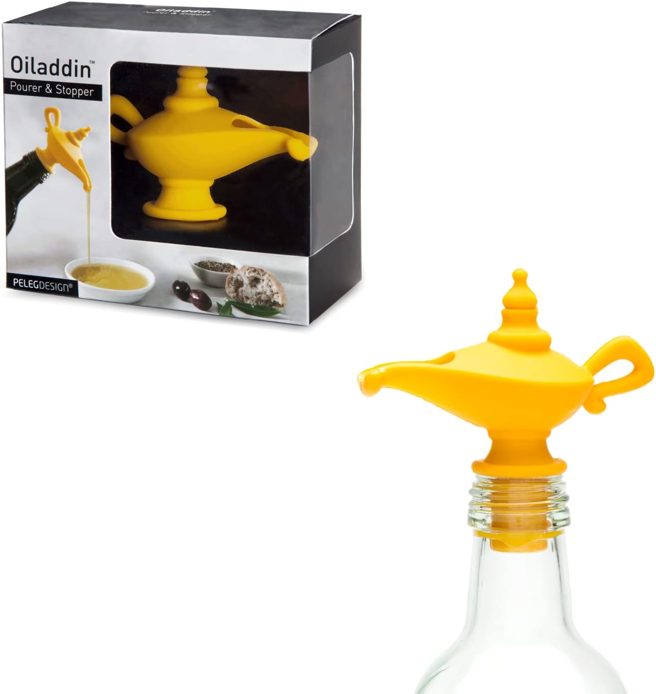 Peleg Design Oiladdin Oil Pourer and Stopper, Silicone Oil Pour Spout for Olive Oil, Aladdin Lamp Design Oil Dispenser Bottle Stopper, 8x9x4.5 cm, Yellow