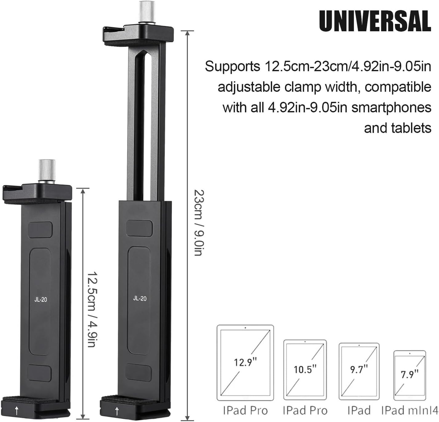 Aluminum Alloy Smartphone Tablet Tripod Mount Phone Holder Clamp 12.5-23cm Adjustable Width for Smartphone i-Phone 13/12/11