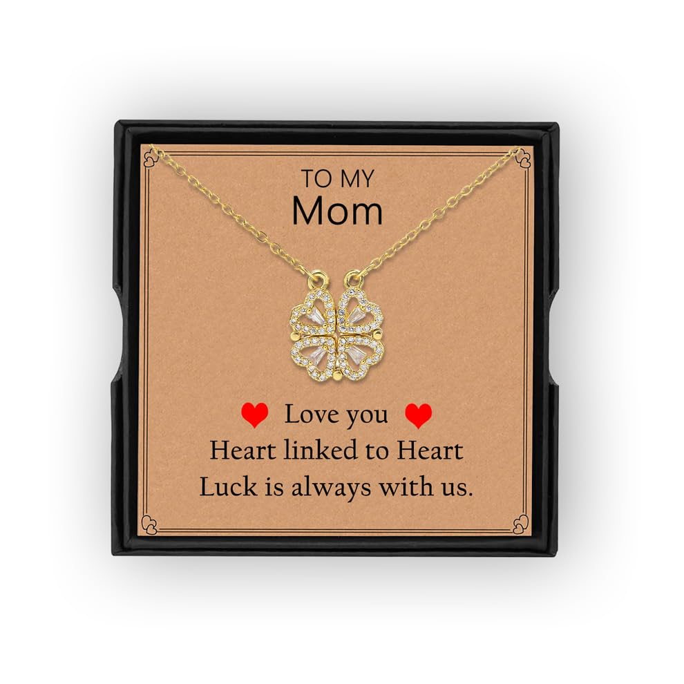 Four Leaf Clover Necklace, 14K Gold Plated, Heart Magnetic Necklace, for Women, 15.8”+2”inch