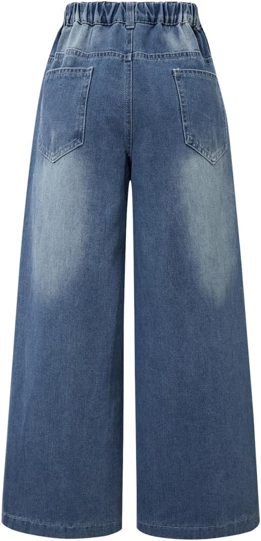 Nivne Tco Tween Girls Wide Leg Jeans - Zipper Fly and Pockets, Elastic Waistband Cute Baggy Denim Pants for Girls Clothing