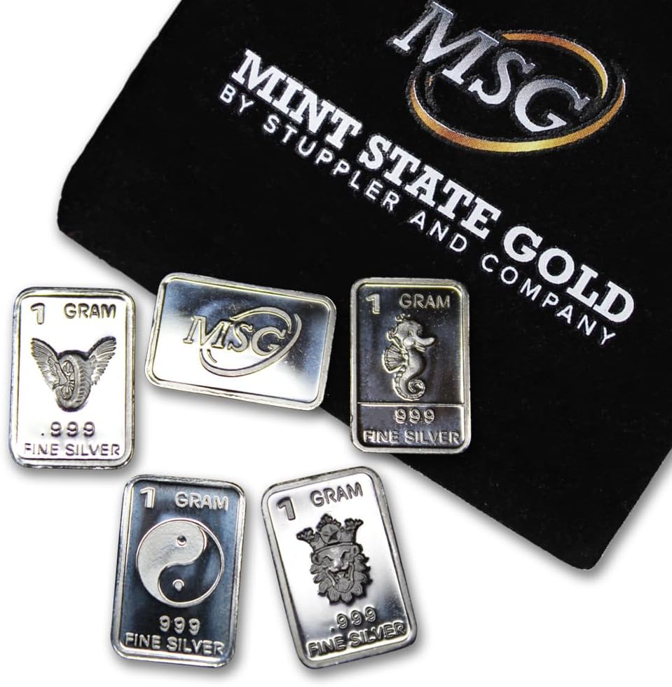 Five (5) One Gram .999 Pure Silver Bars with Random Designs in a Jewelry Pouch by Mint State Gold