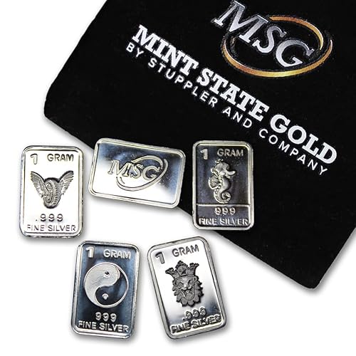 Five (5) One Gram .999 Pure Silver Bars with Random Designs in a Jewelry Pouch by Mint State Gold