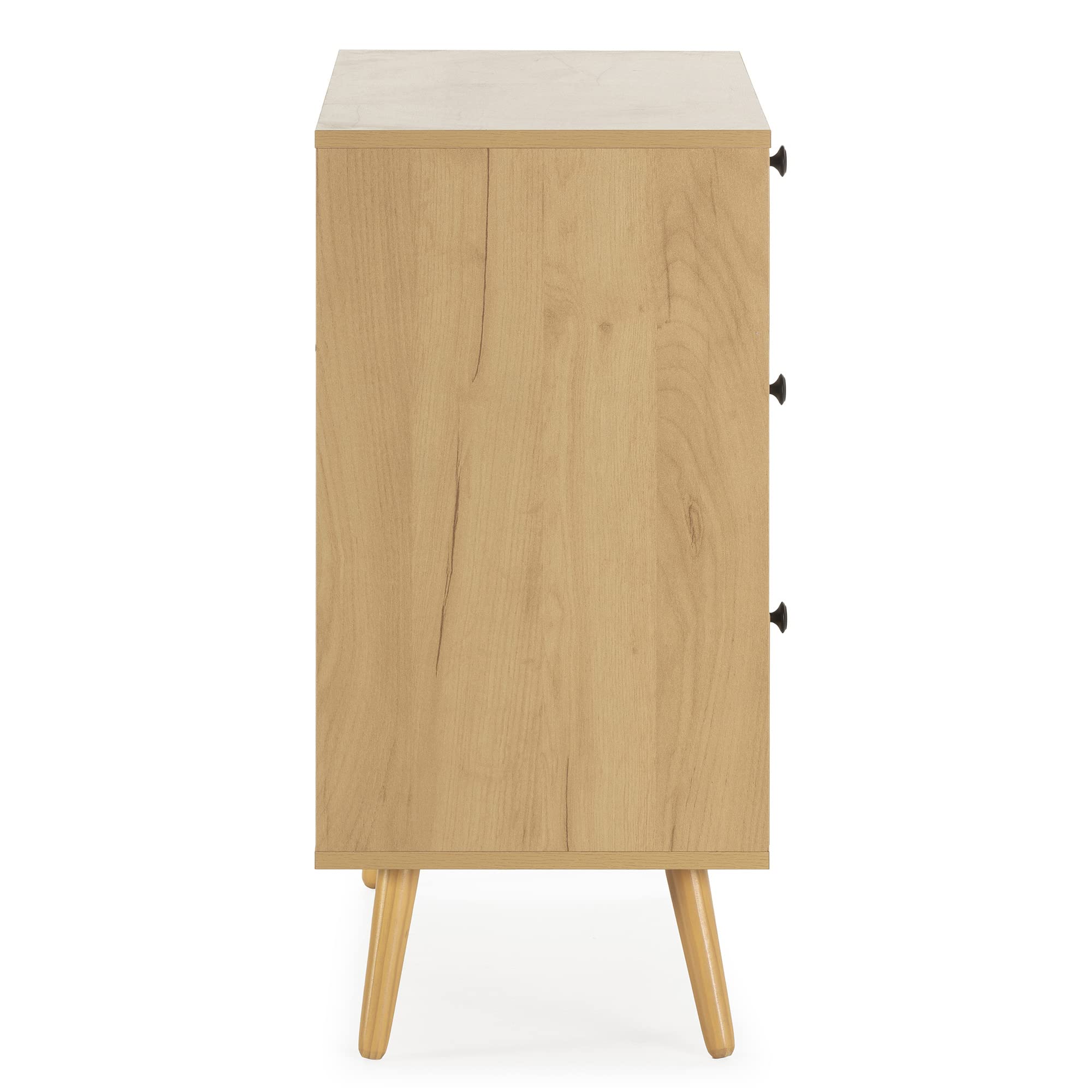 HOMN LIVING Cómoda de Noche Bella 3 cajones Color Roble con ratán Natural, guías metálicas, 80 cm (Ancho) 37,5 cm (Profundo) 77,5 cm (Altura)