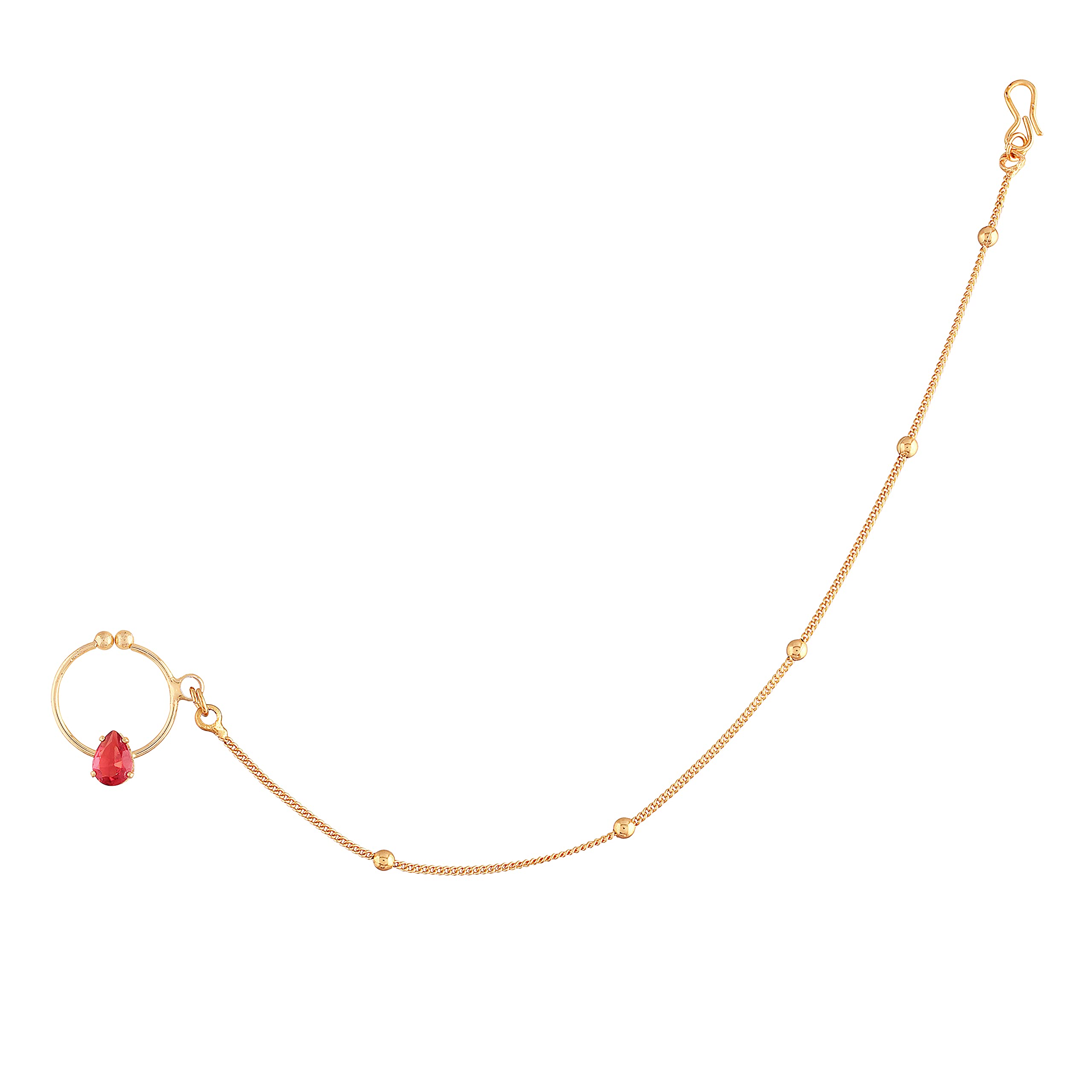 I Jewels18k Gold Plated Traditional Ethnic Bridal Nose Ring/Nath without piercing with Pearl Chain Encased with Stone for Women/Girls (NL44)