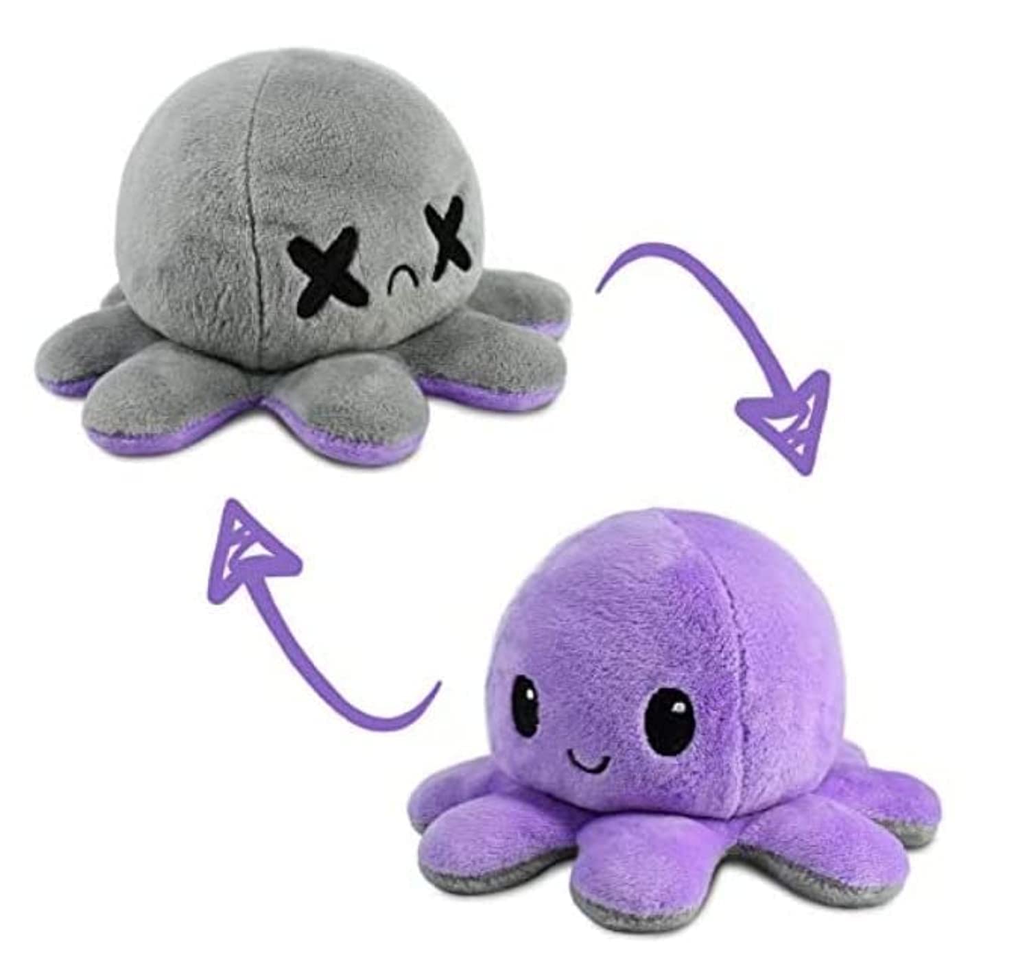 Grab Mantra Reversible Octopus Plushie Soft Toys, Double-Sided Flip Stuffed Animal Mood Plush Show Your Mood Without Saying a Word, A Gift for Kids and Decorations| Happy + Dead | (Purple + Gray)