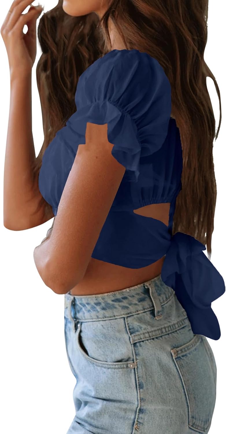 LYANER Women's Ruffle Short Sleeve Tie Up Back Crop Top Off Shoulder Bardot Blouse - Image 3
