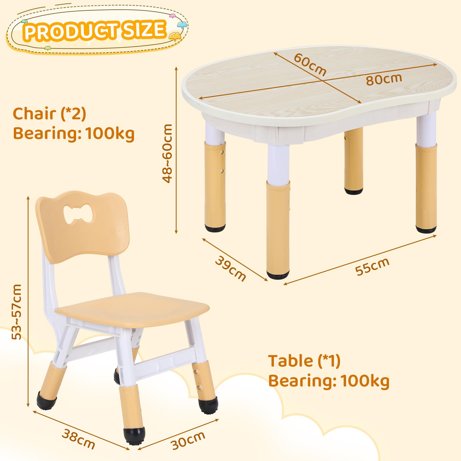 Clevich Kindertisch mit 2 Stühlen, Kinder Tisch Stuhl Set Höhenverstellbar, Multifunktionaler Kindersitzgruppe, Maltisch für Klassenzimmer Kindergärten Kindertisch und Stuhlset für Essen Spielen Gelb