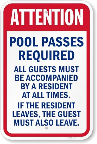 Pool Access Permission Rule Sign, Resident Accompanied Guest Entry Notice Metal Sign 12x8 Inch