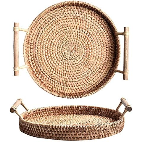 YANGQIHOME Rattan Rundes Serviertablett, Gewebtes Korbtablett Cover