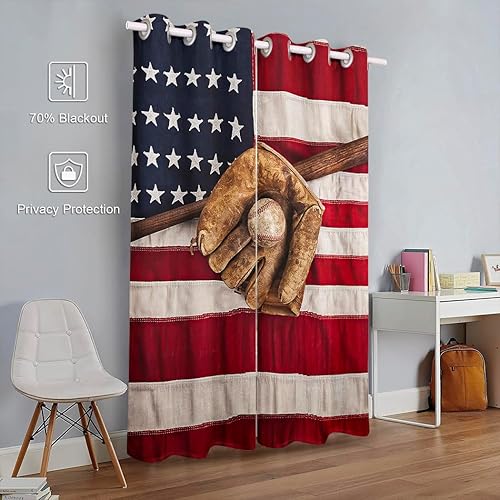 Miniatura 2 de Cortinas opacas de 42 x 63 pulgadas, cortinas de oscurecimiento con ojales superiores (2 paneles) para habitación, bandera estadounidense de béisbol