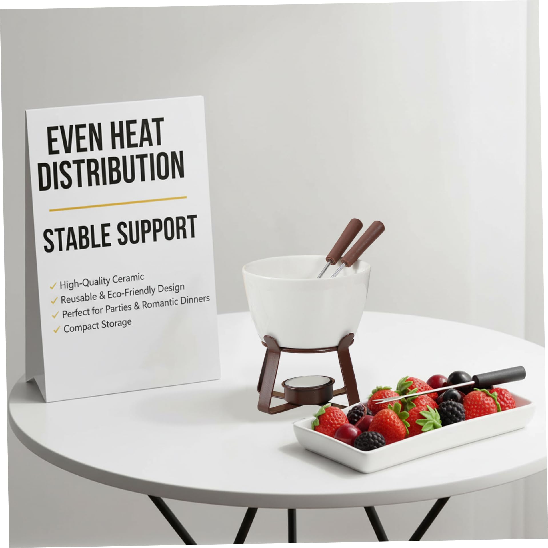 Taza de Fondue de Chocolate Taza de Fondue de cerámica con 2 Tenedores y Soporte de Hierro, Reutilizable para derretir Chocolate para Queso o (Vela no incluida)