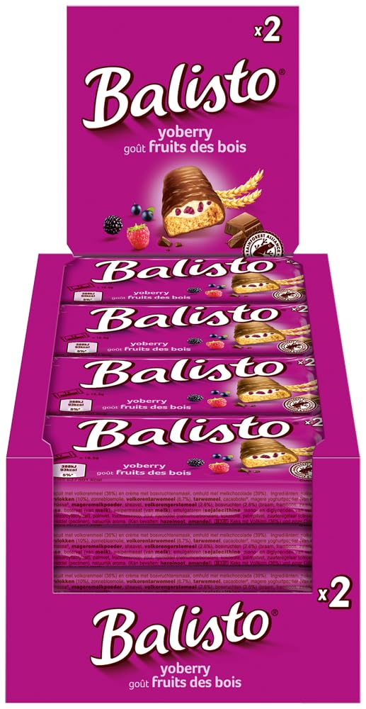 Balisto Riegel Yoberry 4x 20x27g Keks mit Vollkorn und einer Crème mit Waldbeerengeschmack, umhüllt von Milchschokolade - Schokoriegel Snack Schokolade