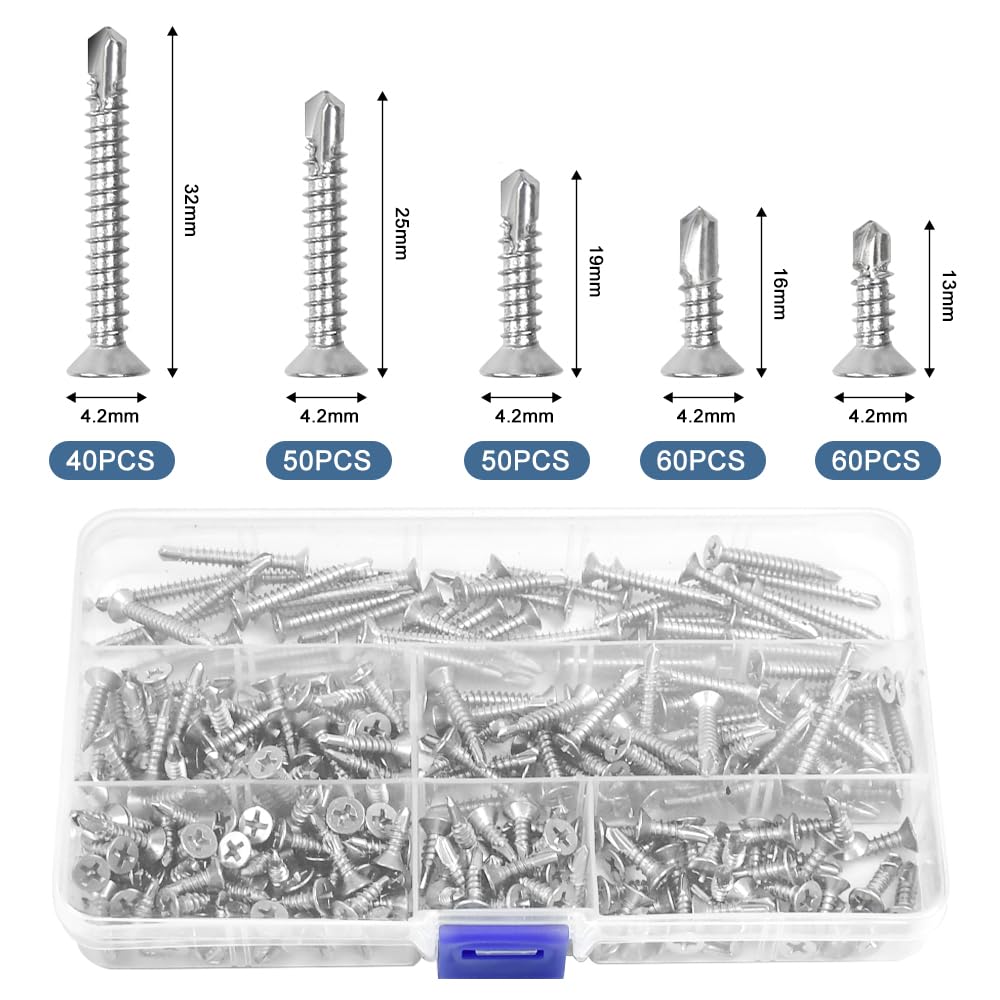 260 PCS Tornillos Autorroscantes de Acero Inoxidable 4.2 x 13/16/19/25/32 mm, Tornillos Autoperforantes de Cabeza Plana, Juego deTornillos Roscachapas para Metal, Láminas, Plástico y Madera
