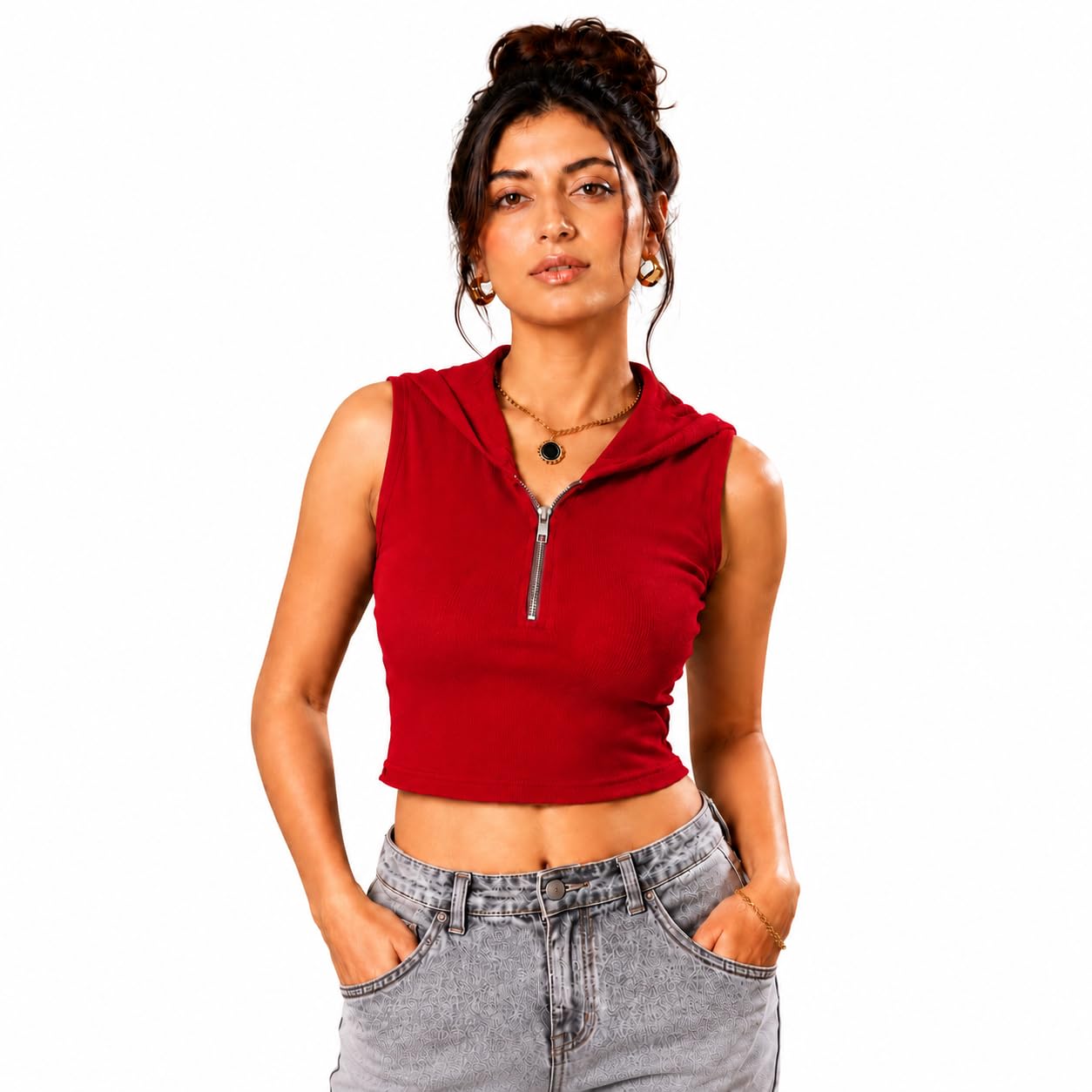 Madfrog Women's Sleeveless Hooded Crop Top | Ribbed Half Zip Casual Hoodie Tank Top-image-31