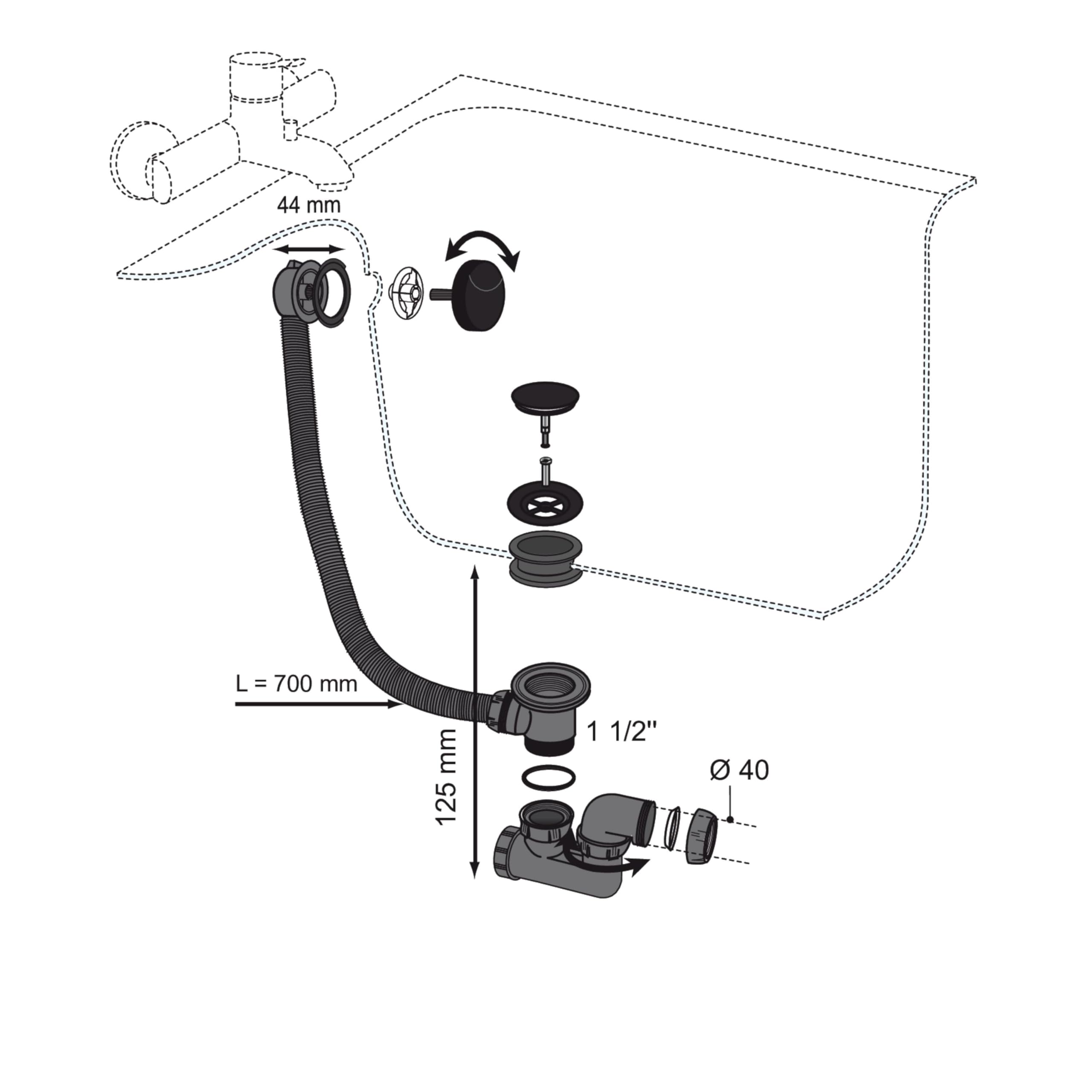 Wirquin 30724541 - Set di scarico per vasca da bagno Black Touch con cavo L700 mm, nero